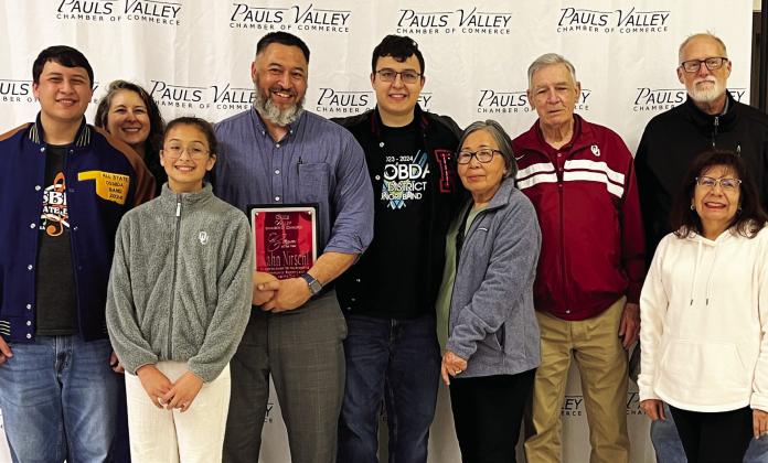 2024 Pauls Valley Citizen of the Year Kahn Nirschl (fourth from left) poses with his family after receiving the award during the Pauls Valley Chamber of Commerce Banquet April 18. News Star photo by Suzanne Mackey