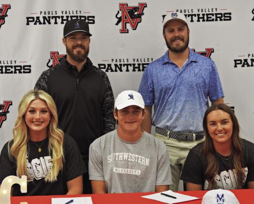 Pauls Valley High School golfers Jaylye Stokes, Dakota Weatherford and Madi Caldwell (seated front) with Southwestern Christian University Golf Coach Aaron Sexton (back left) and Murray State Golf Coach Lukas Coppedge (back right) during Tuesday’s signing ceremonies. News Star photo by Chris Mackey