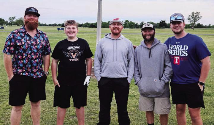 From left: Dalton Wilcox, Cole Malone, Dusty Jablinske, Jaycob Carlton and Connor Williams pose for a photo at the conclusion of the April 18 Thursday night scramble competition at the Pauls Valley Municipal Golf Course. Photo courtesy of Shelly Woodall.