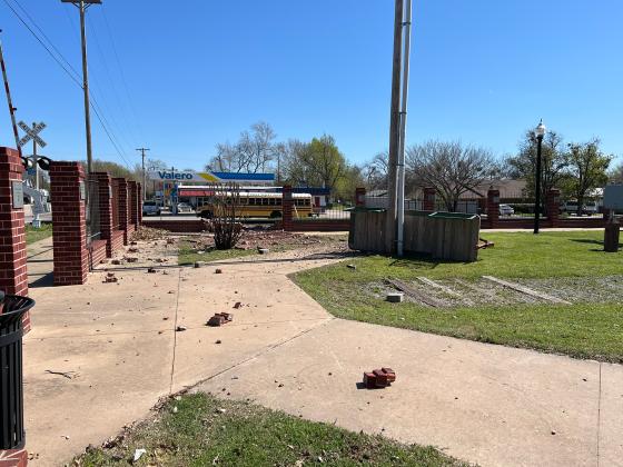 A driver crashed his pickup through the fencing of the Santa Fe Depot Park in Pauls Valley Thursday morning, coming to rest in the park. News Star photo by Suzanne Mackey