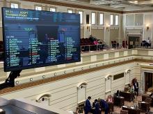 A vote board in the press gallery shows the Senate's 41-3 vote of Senate Resolution 31, an $11.6 billion spending package to start budget negotiations with the House, on Monday, March 18, 2024, at the Capitol in Oklahoma City. (Paul Monies/Oklahoma Watch)